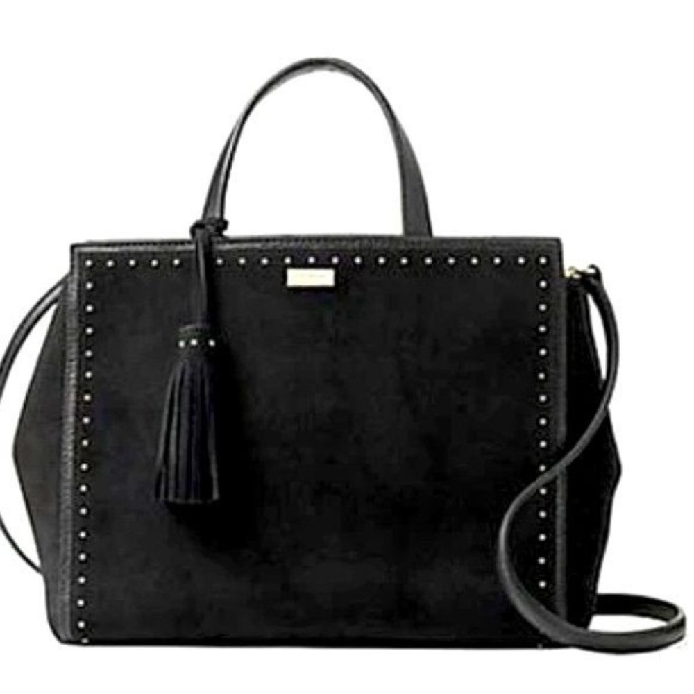 Black Stud-Trim Tote Bag with Tassel
